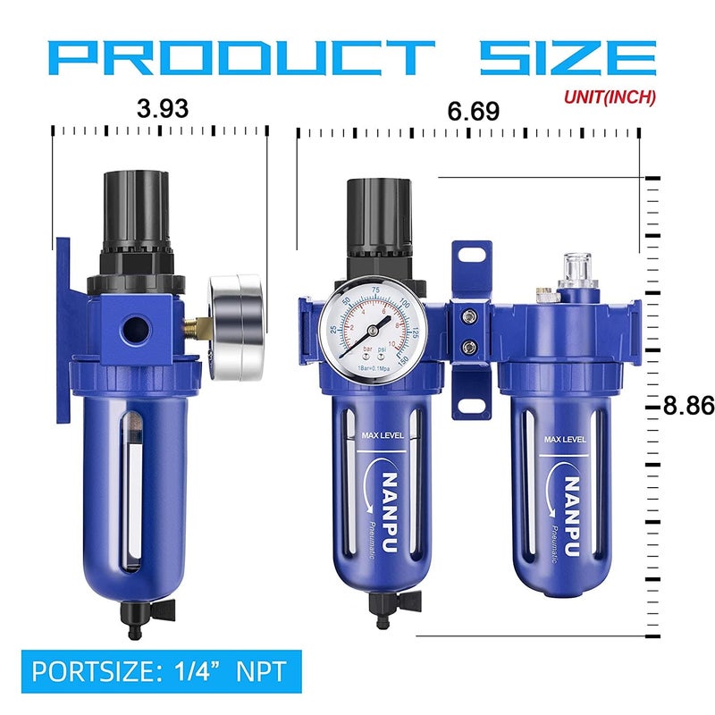 NANPU 1/4" NPT Compressed Air Filter Regulator Lubricator (FRL), Zinc Alloy, 5 Micron Brass Element, 0-150 psi Gauge, Quick Release Bowl, Manual Drain, Metal Bracket - Image 2